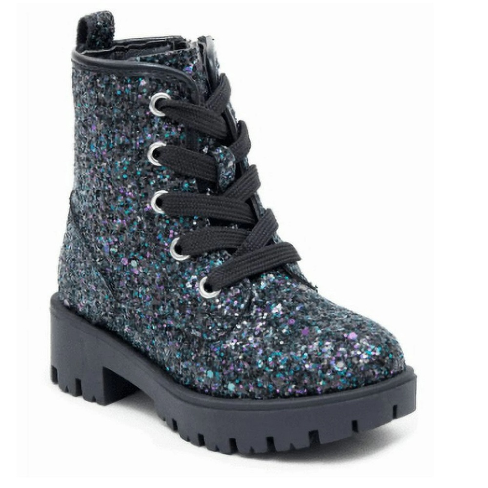 PORTLAND Like New Black Blue Glitter Combat Boots w/ Side Zipper